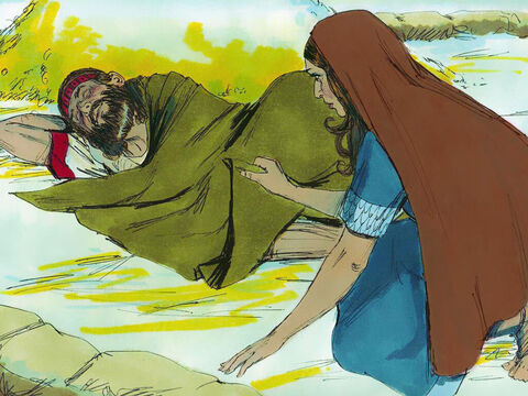 Când Boaz a terminat de mâncat şi de băut, s-a culcat la marginea unui stog. Rut s-a apropiat încet, i-a descoperit picioarele, şi s-a culcat. – Imagine 3