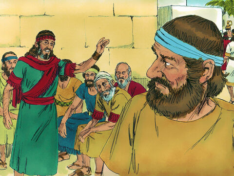Boaz s-a dus la poarta cetăţii, unde era obiceiul să se încheie afacerile. Când a văzut ruda cea mai apropiată a soţului lui Naomi, l-a rugat să se aşeze cu zece bătrâni, care s-au adunat ca martori. – Imagine 6