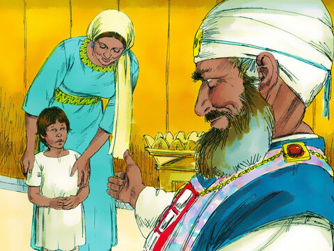 Când Samuel a crescut destul de mare ca Ana să-şi poată ţine promisiunea, aceasta la adus la Cortul Domnului, şi l-a dat să fie educat pentru slujba Domnului. – Pentru acest băiat mam rugat Domnului, – zicea ea, – iar El mi-a ascultat rugăciunea. Acum îl dăruiesc Domnului, şi Îl va sluji toată viaţa. – Imagine 12