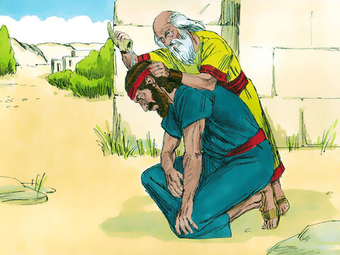 Când au rămas singuri, Samuel a luat sticluţa cu ulei, şi a turnat din aceasta pe capul lui Saul. – Dumnezeu te-a ales să fii domnitor peste poporul Său. Apoi i-a spus lui Saul că se vor întâmpla trei lucruri cu el. – Imagine 14