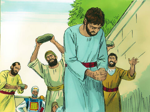 Şi-au luat jos hainele, şi le-au pus la picioarele unui om numit Saul. Apoi au început să arunce cu pietre în Ştefan. – Imagine 15