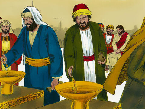 Isus stătea în templul din Ierusalim, în faţa vistieriei, unde oamenii îşi dădeau oferirile. Se uita la oameni, care puneau banii în urnele, care aveau nişte pâlnii mari, şi a auzit monedele căzând în urnele largi. (Erau 13 de urne cu astfel de „pâlnii” pentru darurile oferite în templu.) – Imagine 1