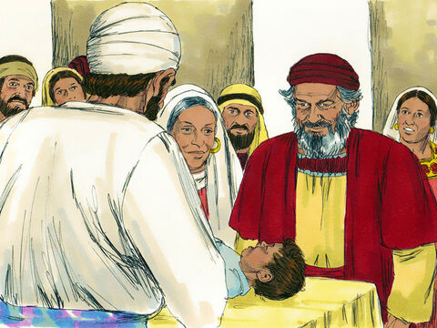 Elisabeta a născut un băiat. În ziua a opta, rudele au venit să circumcidă copilul. Voiau să-i pună numele Zaharia, după numele tatălui său. Însă mama lui a zis:<br/>– Nu, ci va fi chemat Ioan!<br/>– Ce? au strigat. Nimeni nu poartă acest nume în familia voastră. – Imagine 8