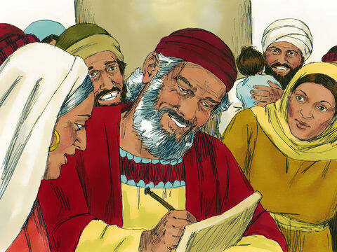 L-au întrebat şi pe tatăl copilului ce nume vrea să îi dea. Zaharia a cerut o tăbliţă şi a scris: „Numele lui este Ioan.“ Imediat i-a fost dezlegată limba şi a început să vorbească, binecuvântându-L pe Dumnezeu. A spus şi o profeţie despre fiul său (Luca 1,68-79). – Imagine 9
